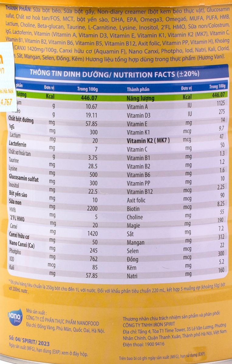Bảng thành phần dinh dưỡng sữa diasure canxi 850g
